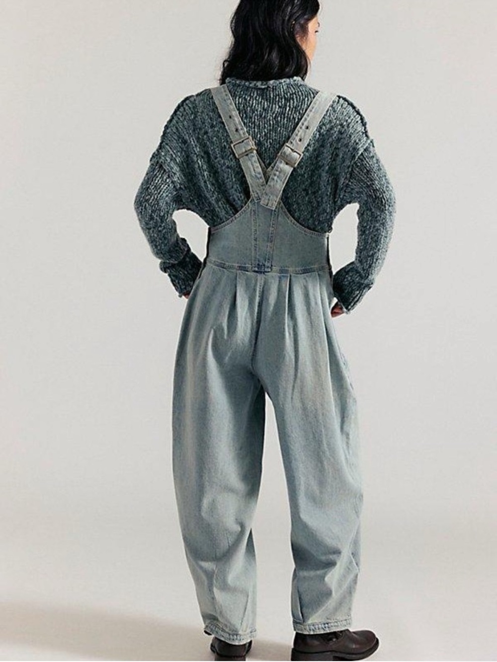Free People Light Gray Denim Overalls with Cross-Back Straps